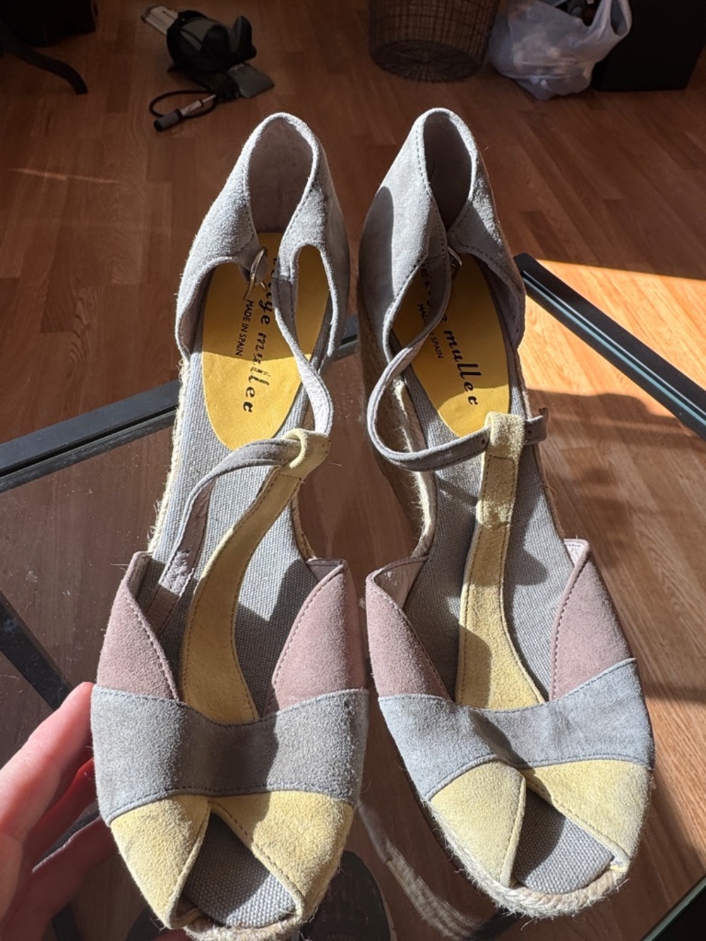 Betty Muller Suede Espadrille T-Strap Sandals in Taupe & Mustard,size 40 Spain